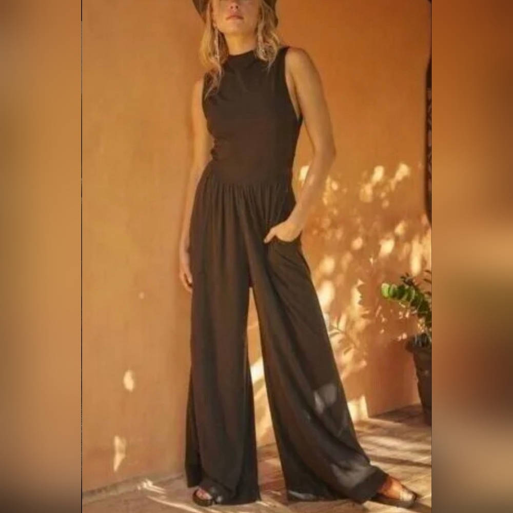 Free People Black Sleeveless Wide-Leg Jumpsuit
